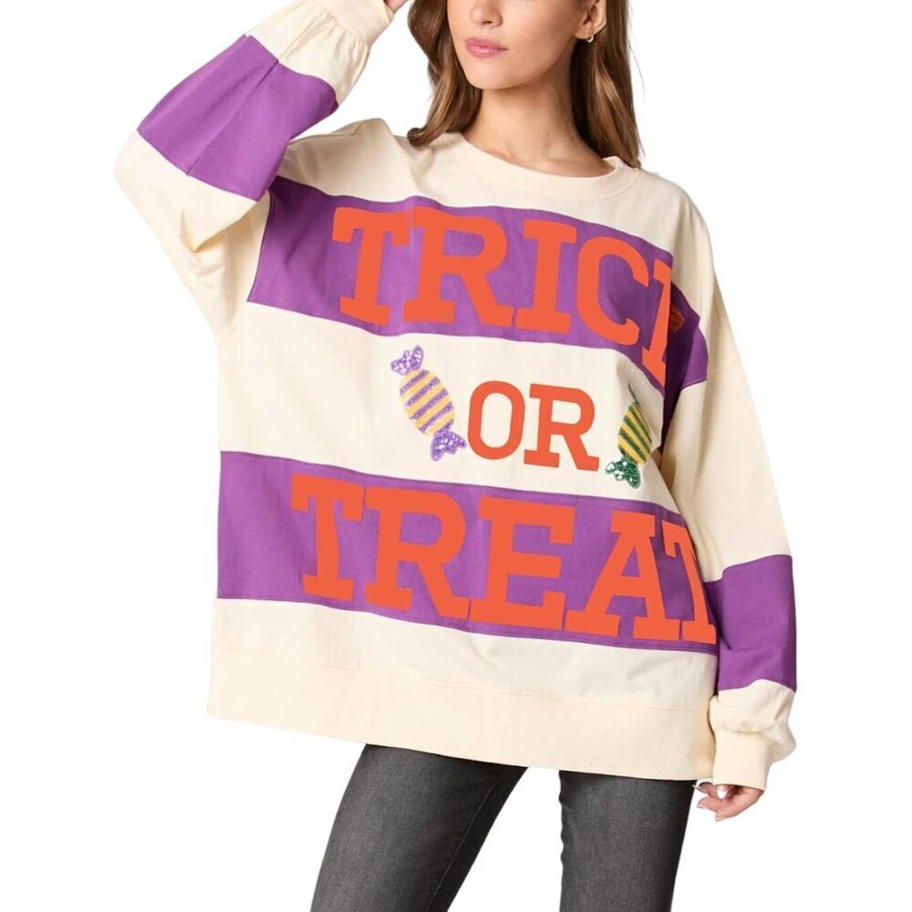 Women Oversized Cotton Polyester Halloween Letter Print Hoodie Top
